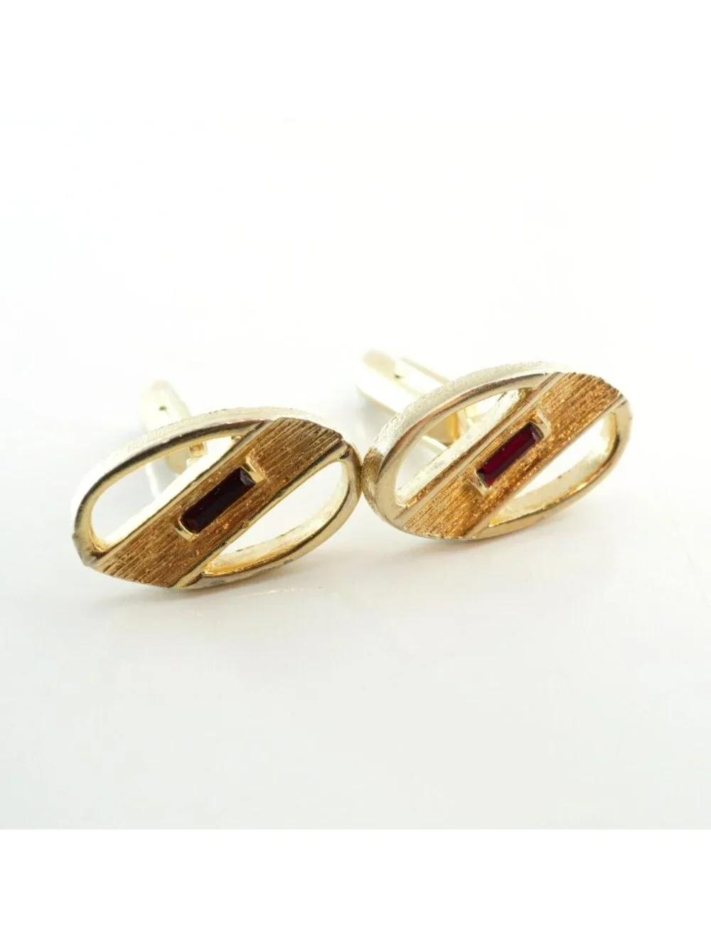Vintage Swank Gold-Tone Oval Cufflinks With Red Rhinestone